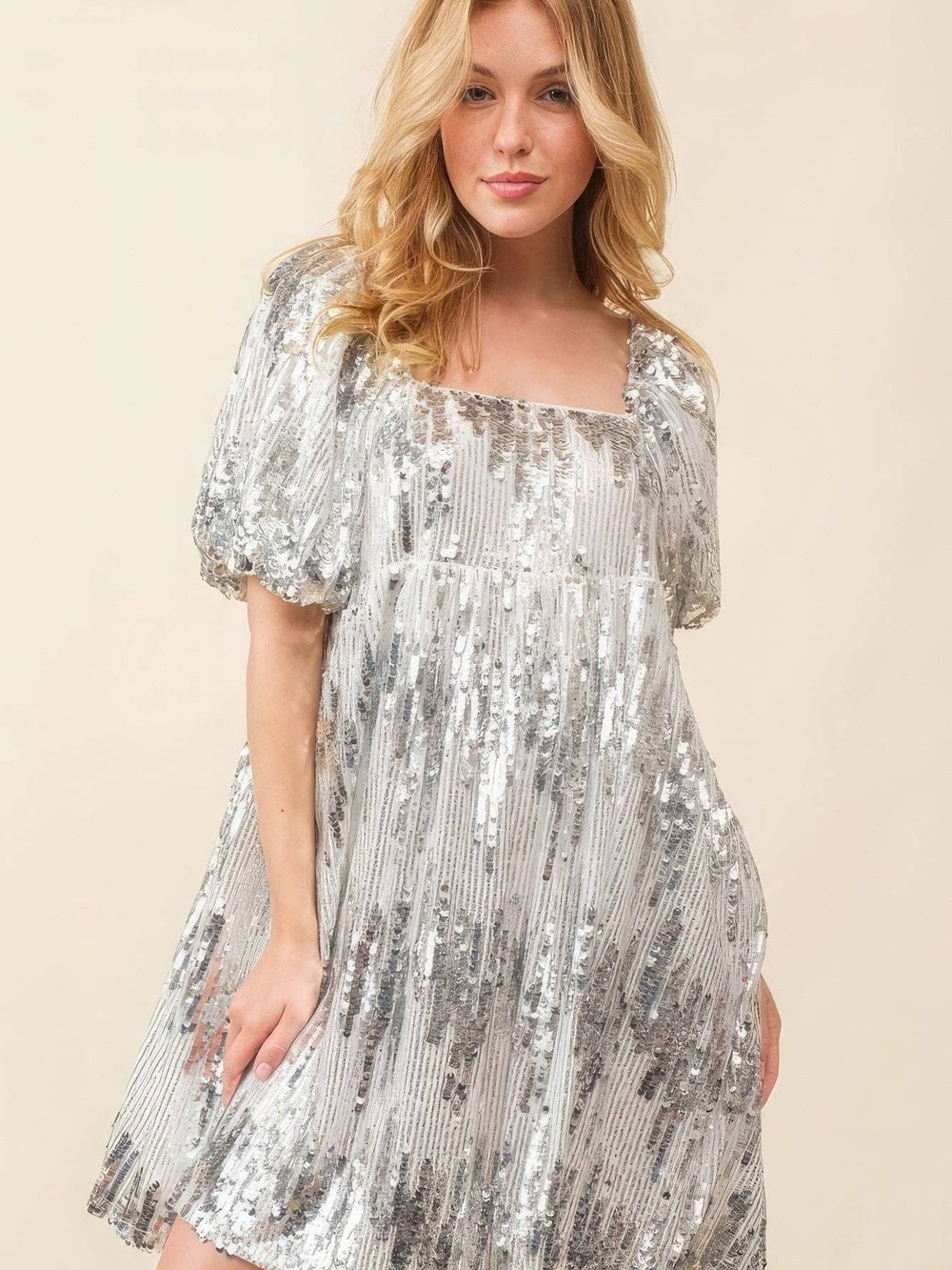 Silver Sequin Puff-Sleeve Mini Dress